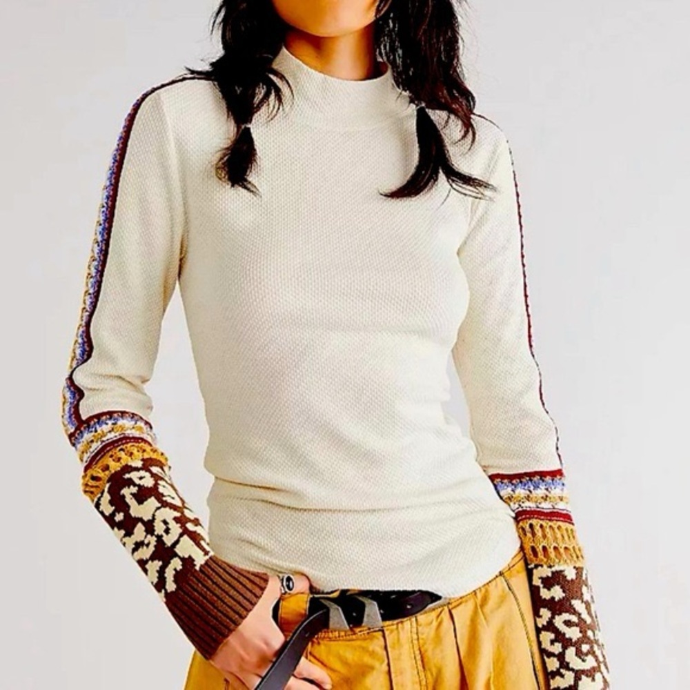 Free People Cream Ribbed Long Sleeve Top | Contrast Pattern Sleeves | XS